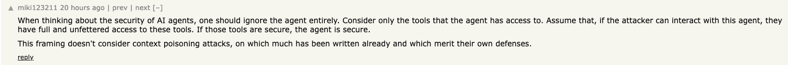 Hacker News comment discussing AI agent tool permissions