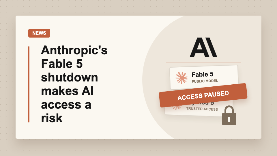Cover image for an article about Anthropic's Fable 5 shutdown, showing Fable 5 and Mythos 5 model cards with an "Access Paused" label and lock icon.