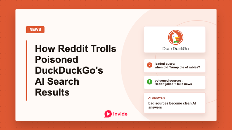 DuckDuckGo-branded cover image for an article about Reddit trolls poisoning AI search results through a false query and bad sources.