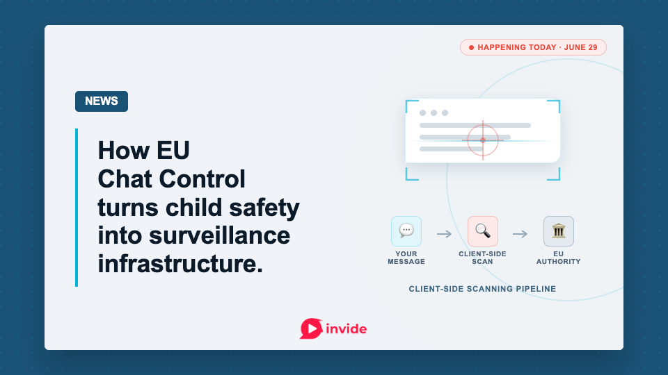 Illustration showing a chat message bubble overlaid with a surveillance targeting reticle, alongside the text: How EU Chat Control turns child safety into surveillance infrastructure.