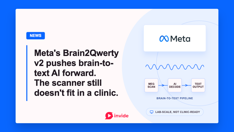 News banner for Meta Brain2Qwerty v2, showing a Meta logo, brainwave-to-text pipeline, and headline saying the scanner still does not fit in a clinic.