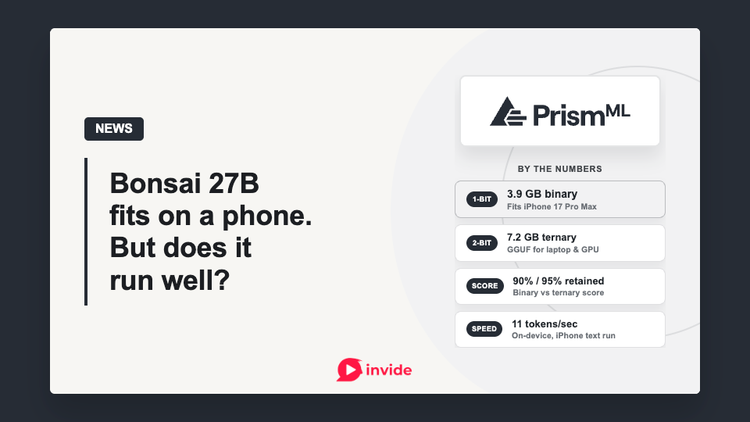 PrismML Bonsai 27B benchmark summary showing 3.9 GB binary and 7.2 GB ternary builds, with 11 tokens per second on an iPhone.