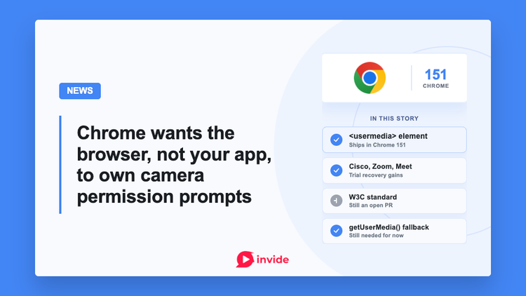 Chrome news banner showing the Chrome logo, Chrome 151, and a checklist for the <usermedia> element, trial recovery gains, W3C standardization status, and getUserMedia fallback.