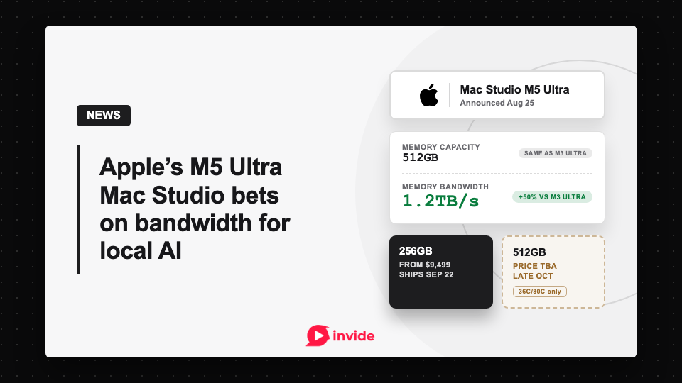 Apple M5 Ultra Mac Studio banner comparing 512GB memory with 1.2TB/s bandwidth and noting that 512GB requires the 36-core/80-core chip.