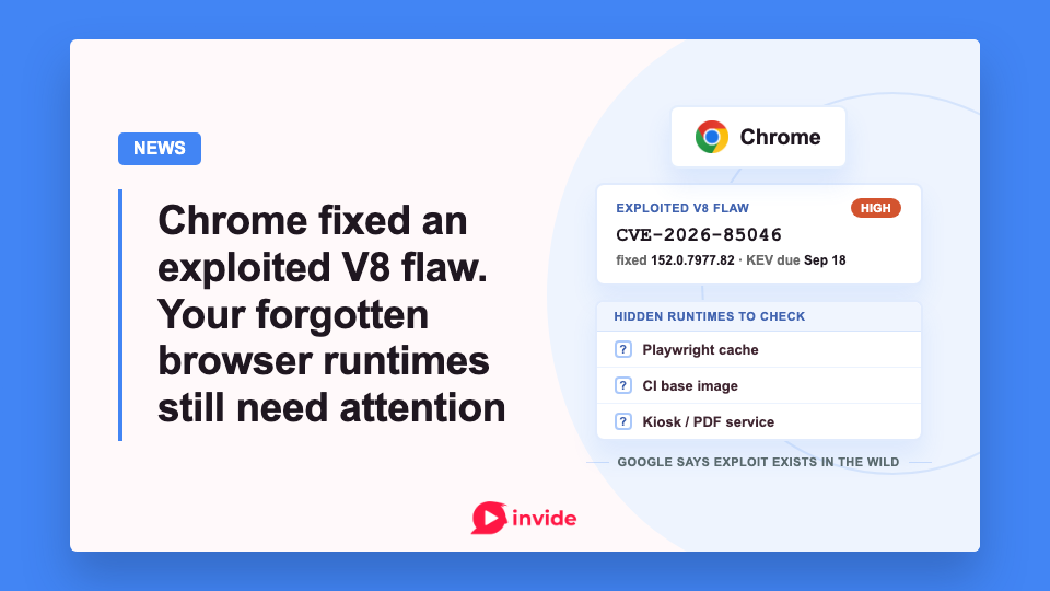 Chrome CVE-2026-85046 banner showing the fixed build, September 18 KEV deadline, and a checklist for Playwright caches, CI images, kiosks, and PDF services.