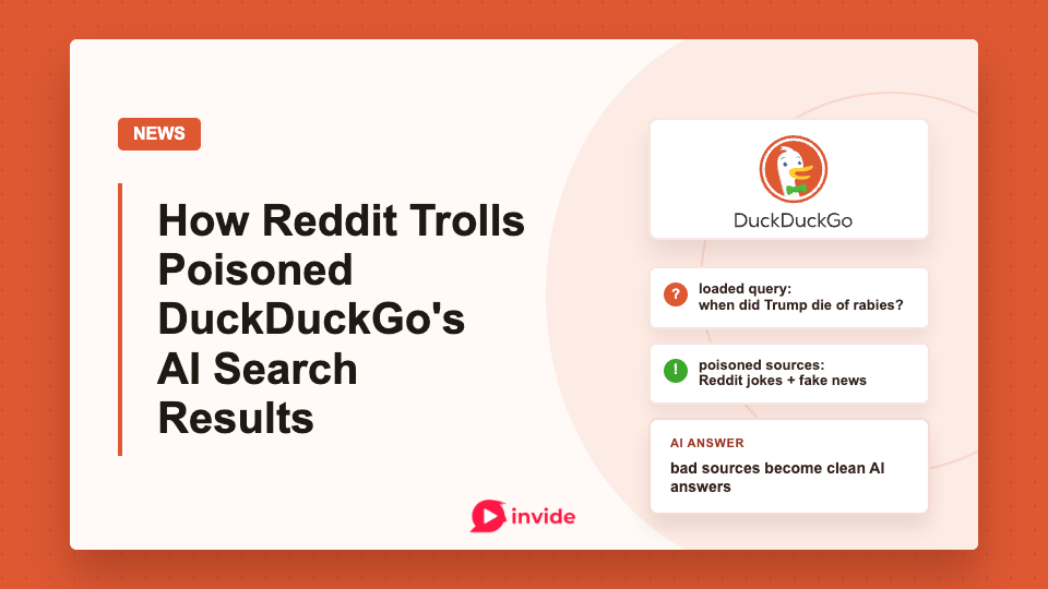 DuckDuckGo-branded cover image for an article about Reddit trolls poisoning AI search results through a false query and bad sources.