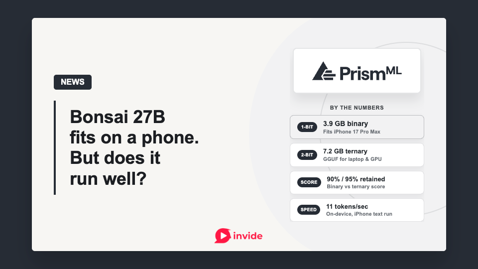 PrismML Bonsai 27B benchmark summary showing 3.9 GB binary and 7.2 GB ternary builds, with 11 tokens per second on an iPhone.