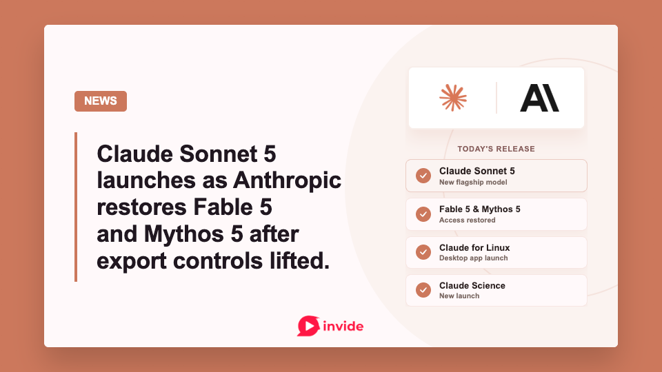 Illustration of a checklist showing Claude's latest releases: Sonnet 5, Fable 5 and Mythos 5 access restored, Claude for Linux, and Claude Science, alongside the Claude and Anthropic logos.