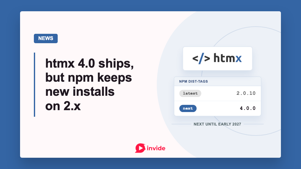 News banner reading “htmx 4.0 ships, but npm keeps new installs on 2.x,” beside the htmx logo and an npm dist-tags panel showing latest at 2.0.10 and next at 4.0.0 until early 2027.