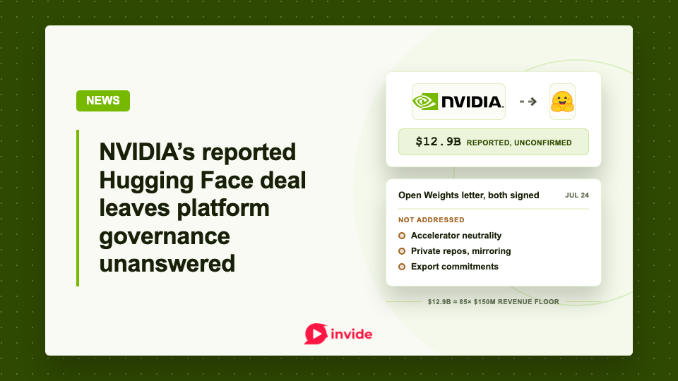 NVIDIA and Hugging Face logos alongside the reported, unconfirmed $12.9 billion deal and governance questions not addressed by their July open-weights letter.