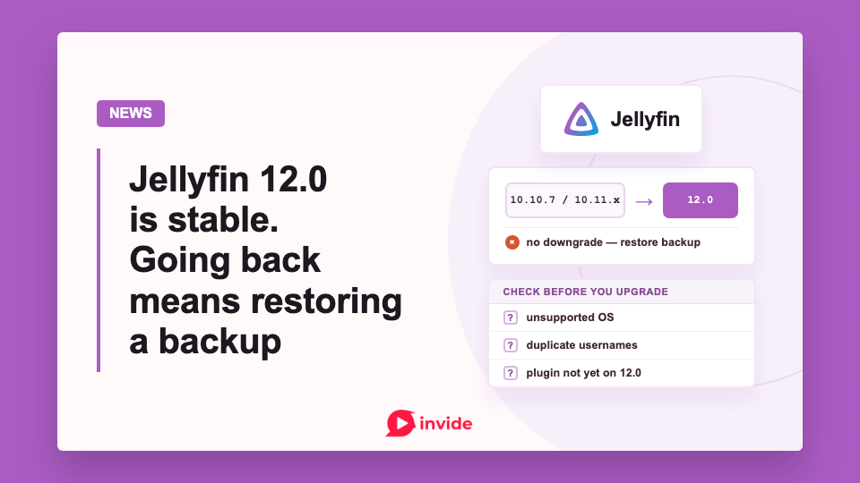 Jellyfin 12.0 upgrade graphic: going back requires restoring a backup. Check OS support, duplicate usernames, and plugin compatibility first.